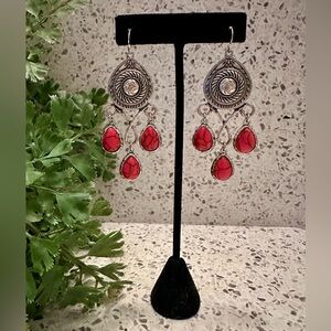 Red dyed Howlite Boho earrings in silver setting
